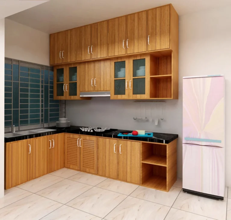 3d render kitchen with black countertop white fridge scaled